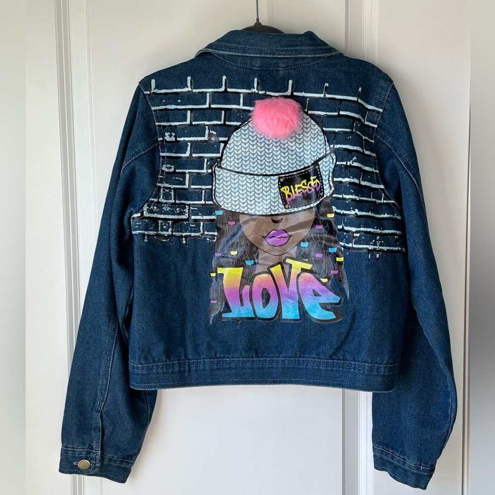 ✨ Girls Denim Jacket 14/16 Graphic Back Pom Pom Hat Streetwear 💙